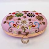 Pink Floral Embroidered Clutch Oval