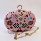 Pink Floral Embroidered Clutch Oval
