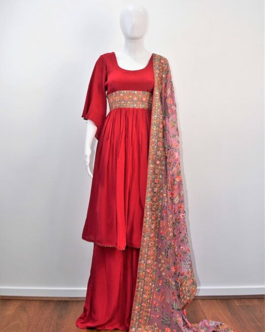Maroon Suit With Embroidered Dupatta