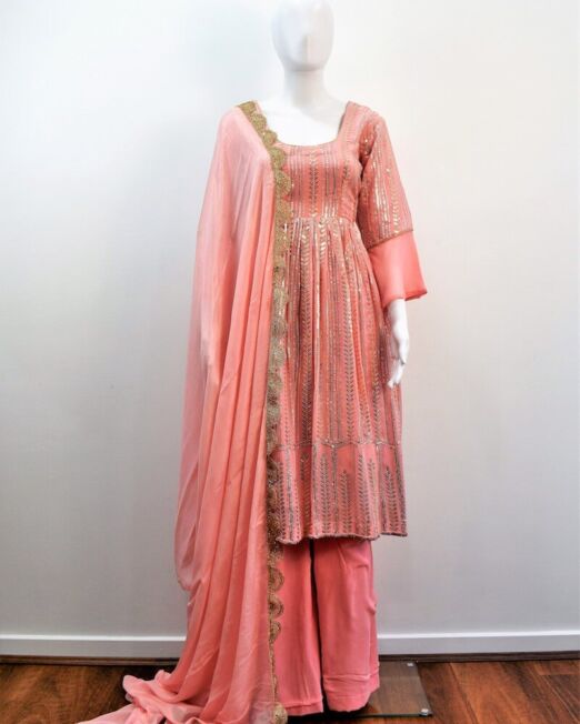 Peach Georgette Sequin Work Palazzo Suit