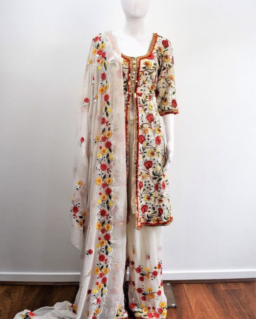 White Georgette Floral Palazzo Suit